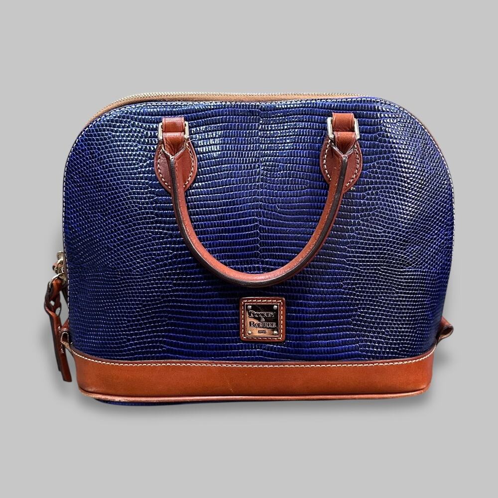 Dooney & Bourke Blue Embossed Leather Satchel Bag with Tan Trim